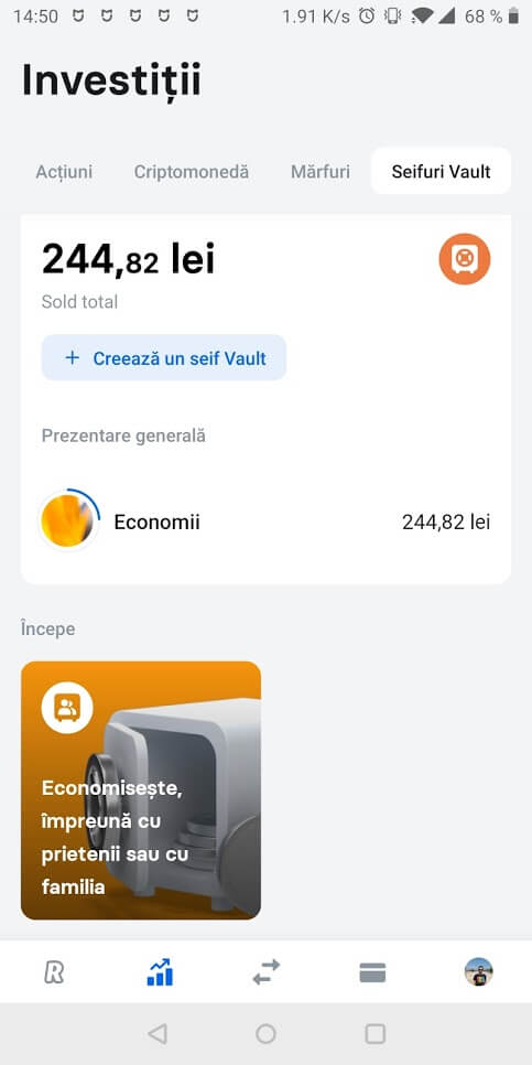 Revolut este o aplicație care te ajută în primul rând să-ți cheltui banii, dar are și super funcții de a economisi prin opțiunea de Vault (Seif).